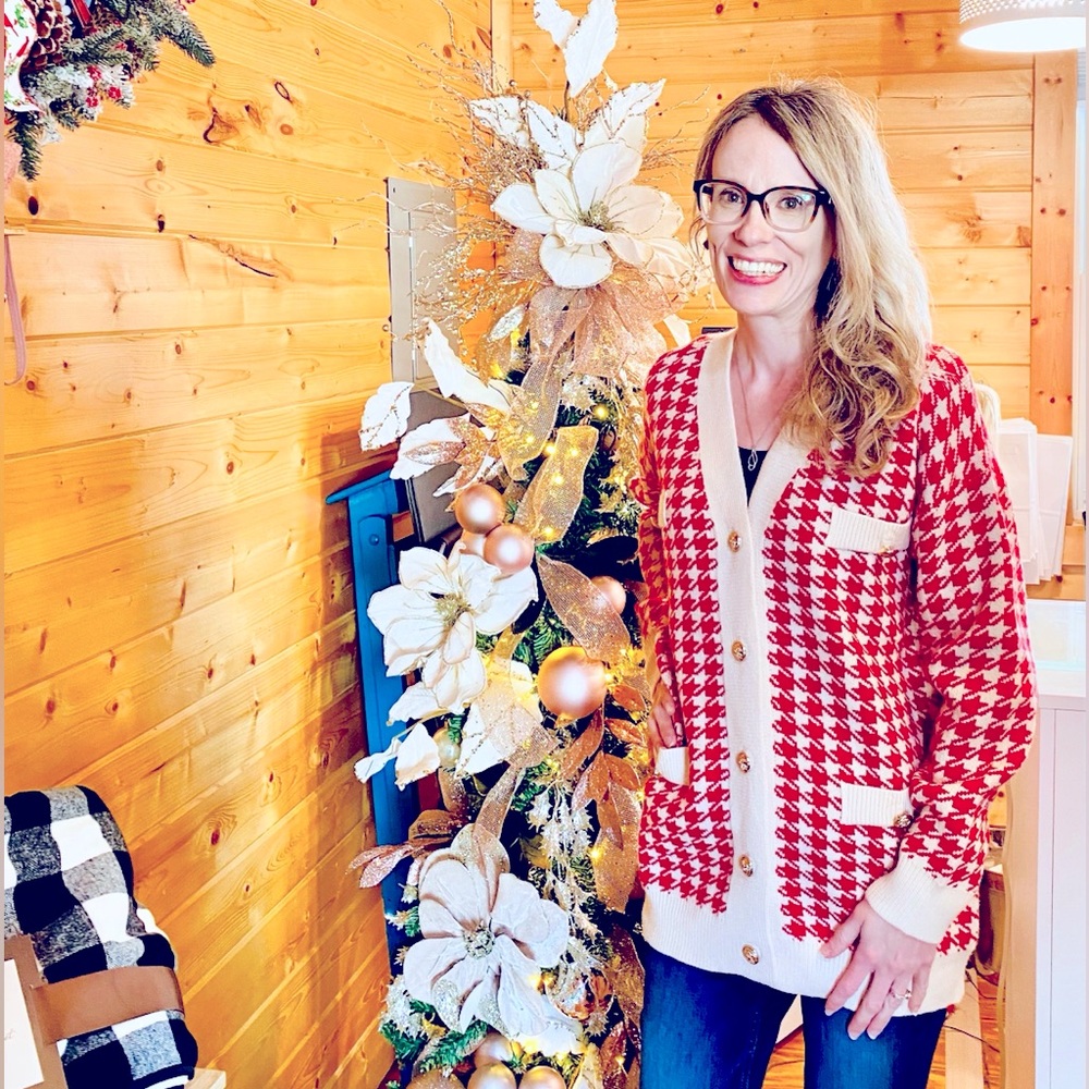 Red and White Houndstooth Women's Cardigan